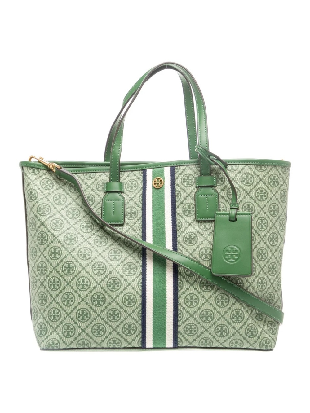 Tory Burch Green Monogram Canvas Tote with Striped Web